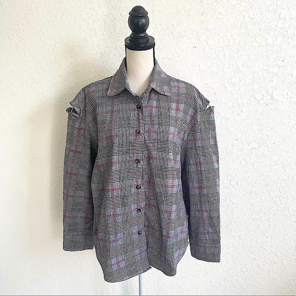 JCL Women’s Gray Plaid Long Sleeve Cold Shoulder Button Up Shirt Small M Retro - Picture 1 of 5
